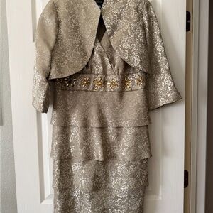 R&M Richards Taupe Metallic Brocade Dress with Jacket